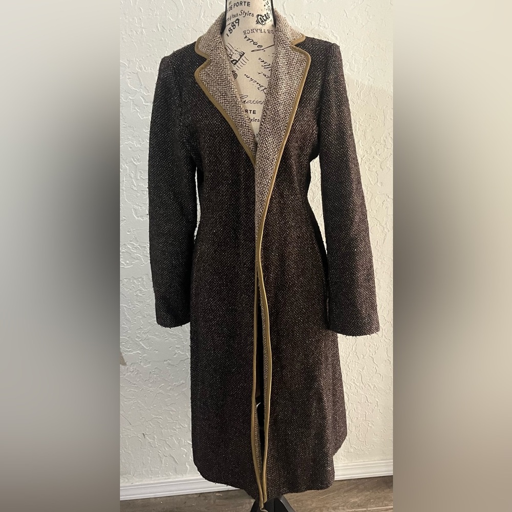 Oasis Brown Tweed Coat with Cream Accents, tie waist, and pockets.
